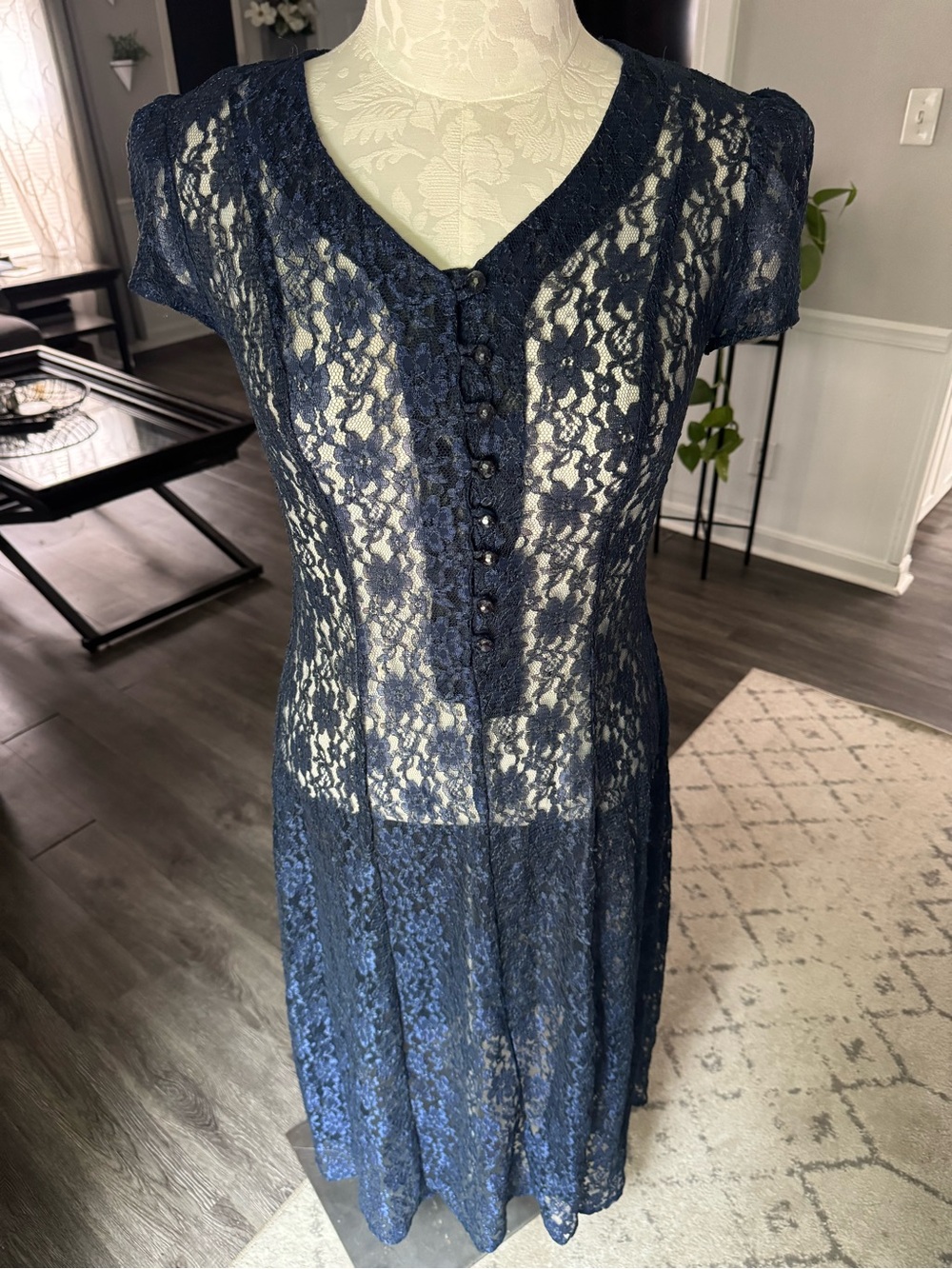 Vintage Joni Blair Navy Lace Unlined Button-Front Corset Back Dress 12